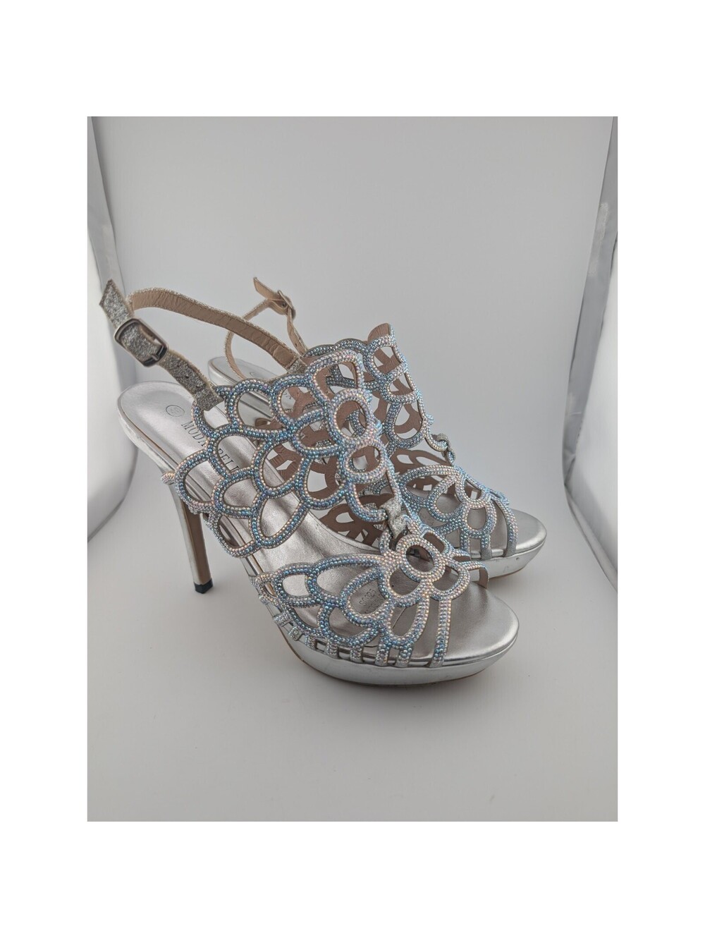 Moda In Pelle US 9 Silver Blue Heels Cage Net 4" Stiletto Eur 40